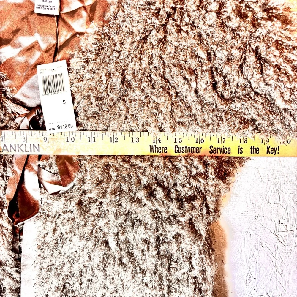 NWT Max Studio Womens Size S Faux Curly Lamb Fur Satin Tie Jacket Super Cute Tan - Picture 8 of 10